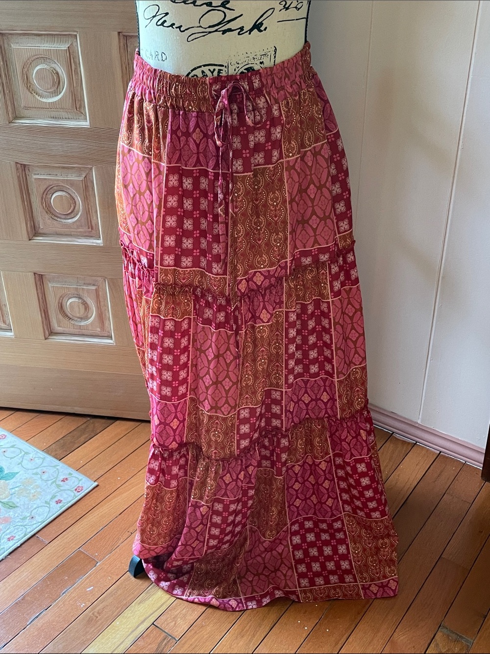 Amazon Tiered Patchwork Maxi Skirt in Red and Brown